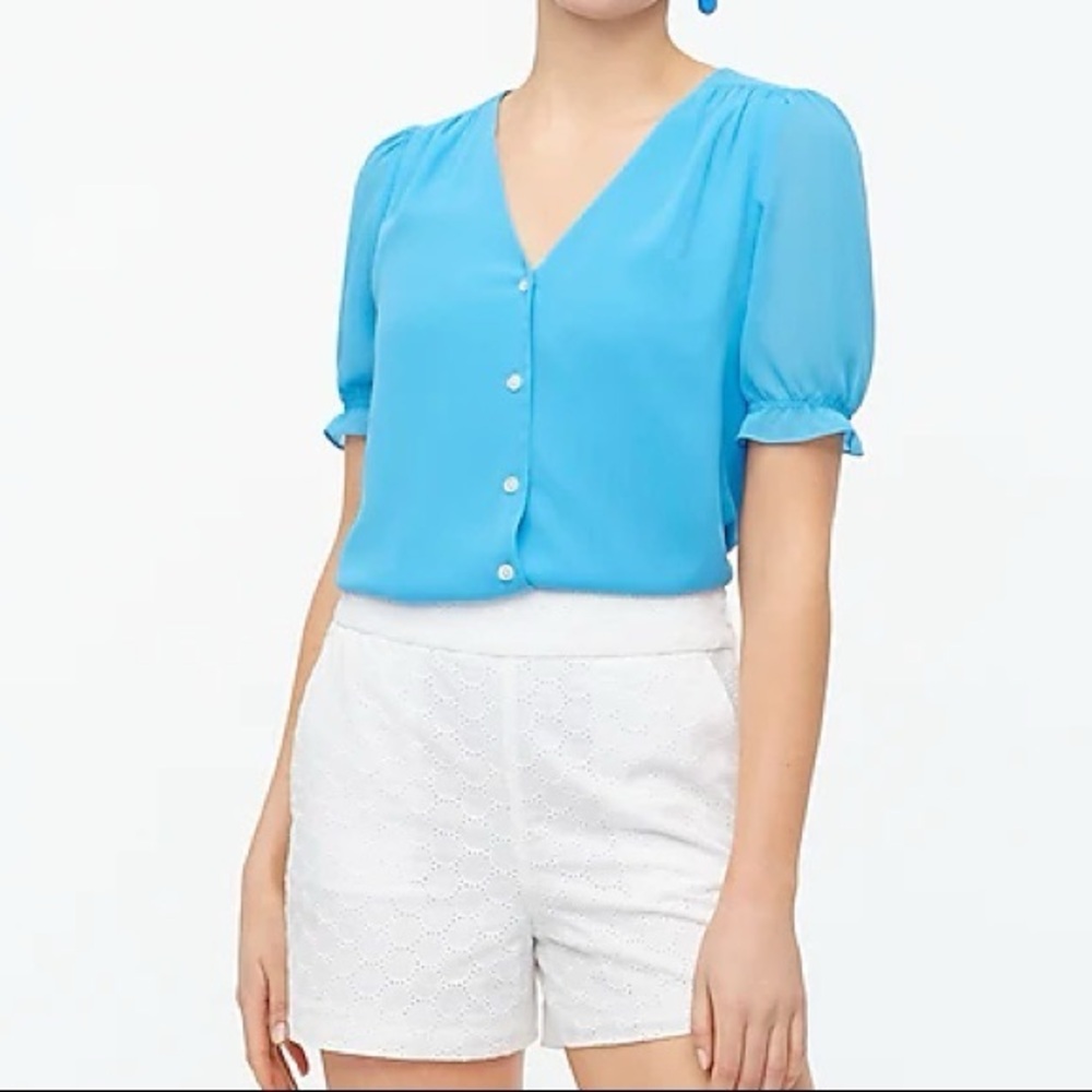 J. Crew Mediterranean Blue Puff Sleeve Button Front Blouse Top